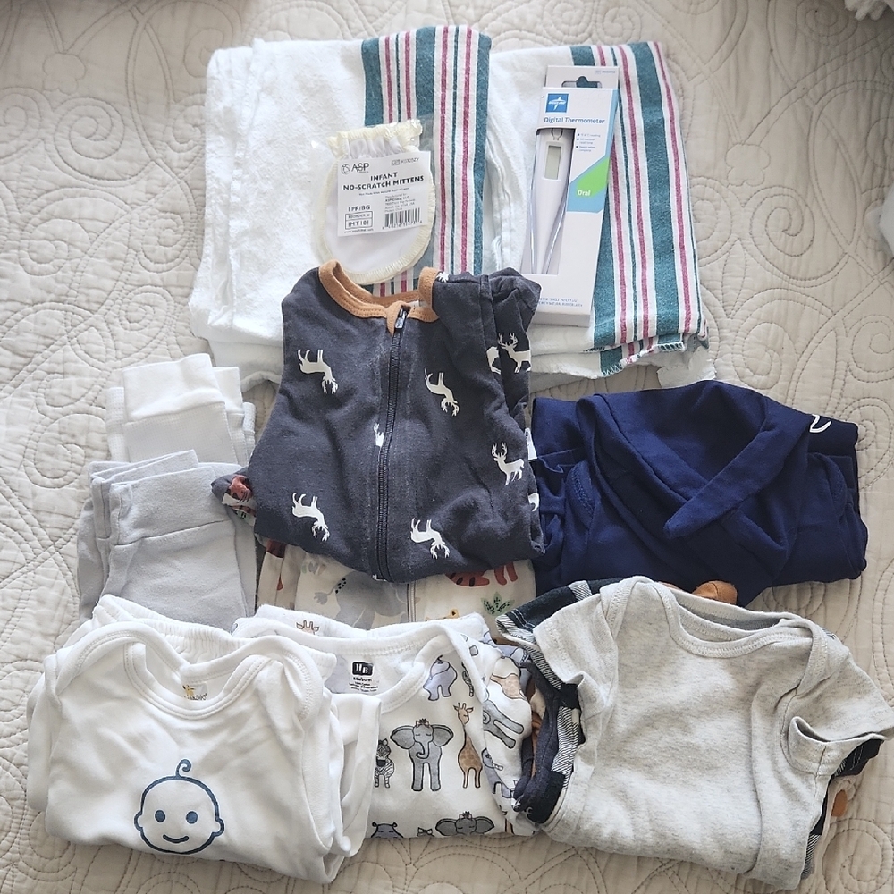 Newborn Lot Gowns, Pants, Bodysuits, Swaddles, Footies